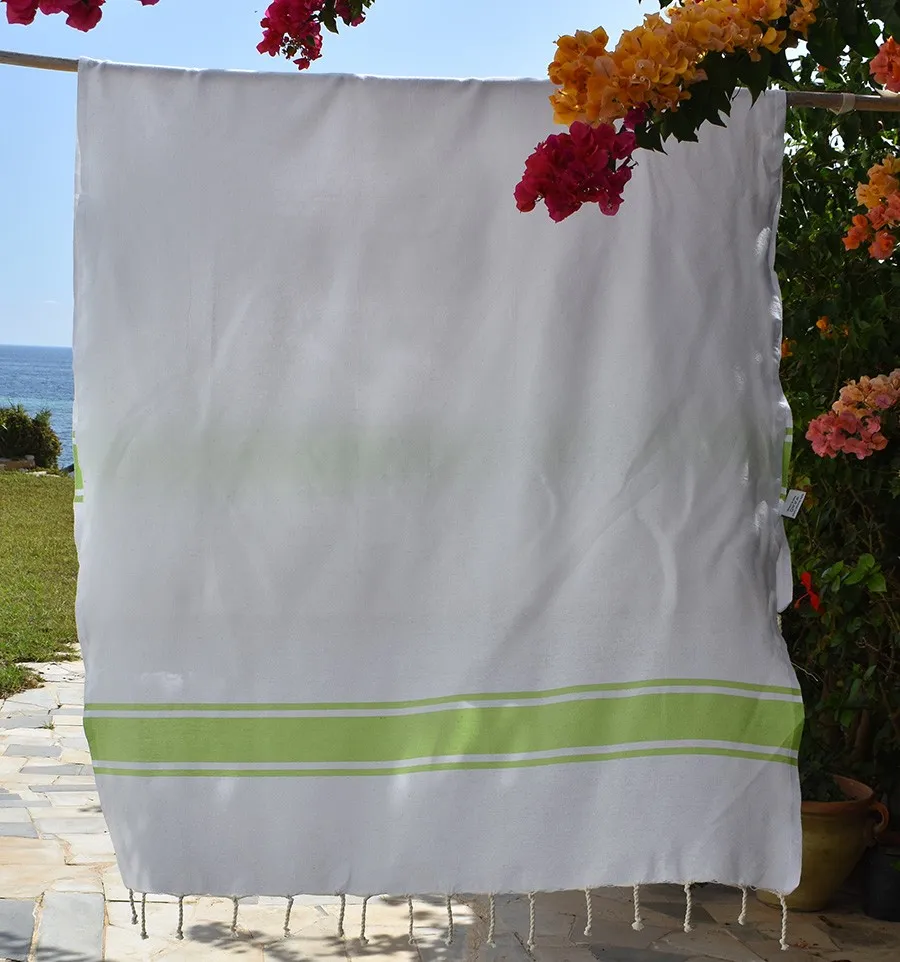 Toalla de Playa Blanca con Rayas Verde Lima Fouta Tunisia - 1