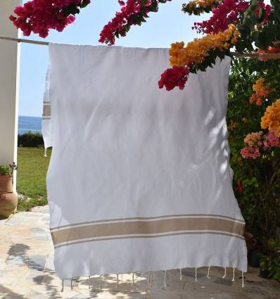 Toalla de Playa Blanca con Rayas Beige Fouta Tunisia - 1