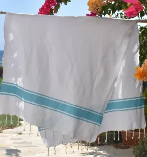 Toalla de playa blanca con rayas celestes Fouta Tunisia - 1 2