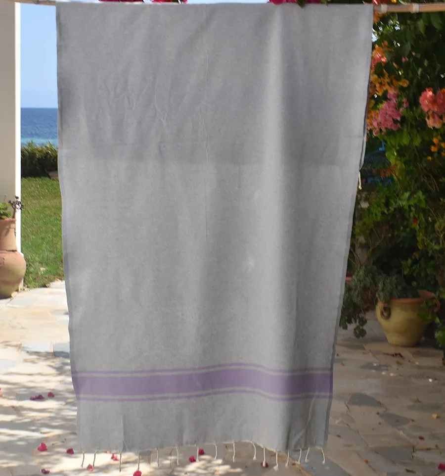 Toalla de Playa Gris con Bandas Lila Fouta Tunisia - 1