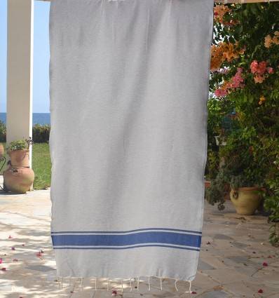 Toalla de Playa Gris con Bandas Azules Fouta Tunisia - 1