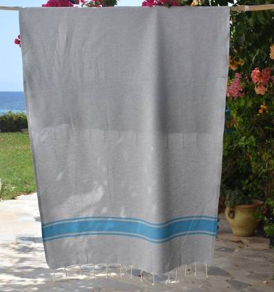 Toalla de Playa Gris con Bandas Azules Cielo Fouta Tunisia - 1