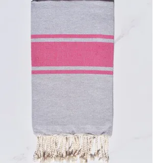 Toalla de Playa Gris con Bandas Rosa Fucsia Fouta Tunisia - 1 2