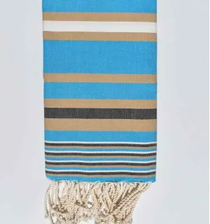 Toalla de playa Dina azul celeste beige y rayas blancas Fouta Tunisia - 1 2