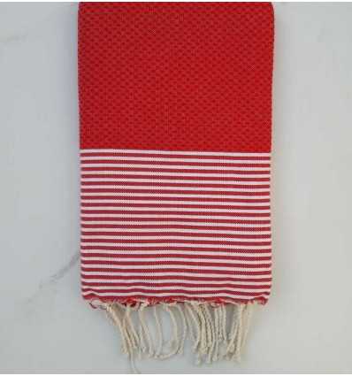 FOUTA NID D'ABEILLE rouge coraille rayée blanc 