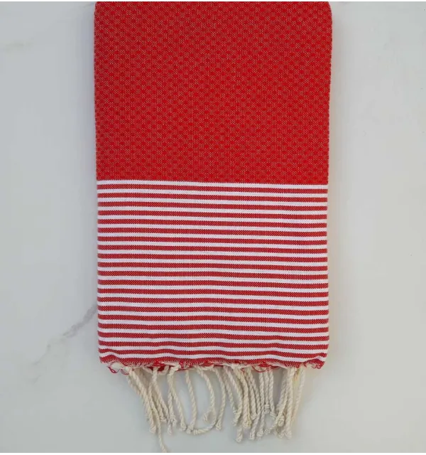 FOUTA NID D'ABEILLE rouge coraille rayée blanc 