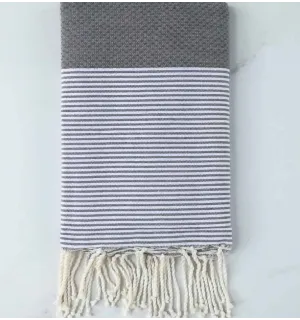 FOUTA NID D'ABEILLE Gris ardoise rayée blanc 