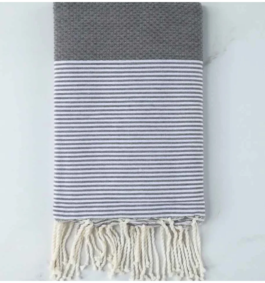 FOUTA NID D'ABEILLE Gris ardoise rayée blanc 