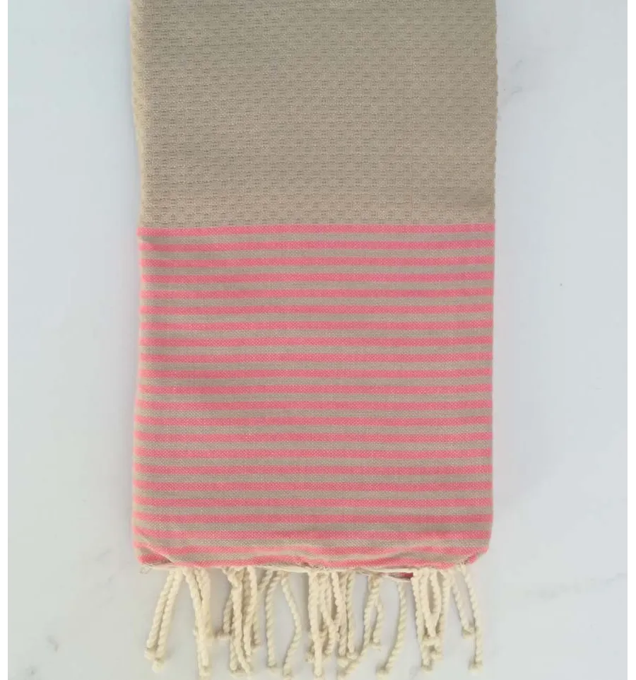 FOUTA NID D'ABEILLE marron rayée  rose corail 