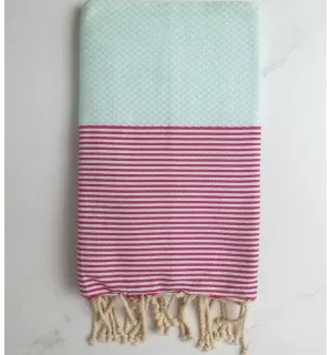 FOUTA NID D'ABEILLE vert pistache rayée rouge 