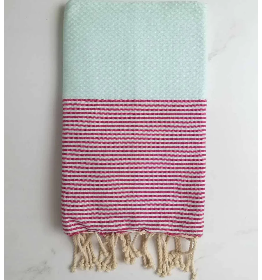 FOUTA NID D'ABEILLE vert pistache rayée rouge 