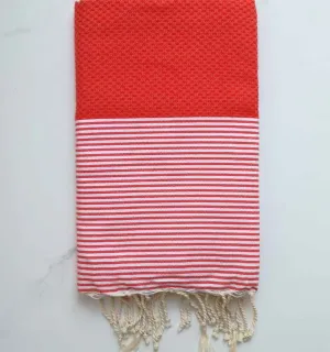 FOUTA NID D'ABEILLE rouge coraille rayée blanc 