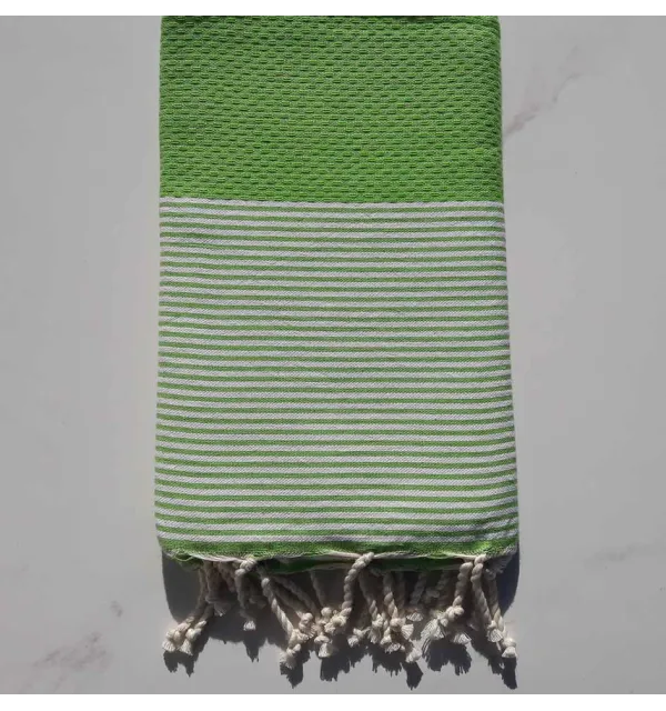 FOUTA NID D'ABEILLE vert de gris rayée noir 