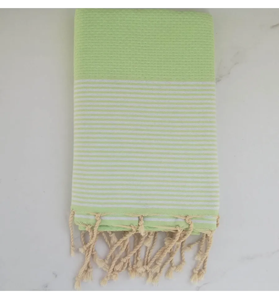 FOUTA NID D'ABEILLE vert de gris rayée noir 