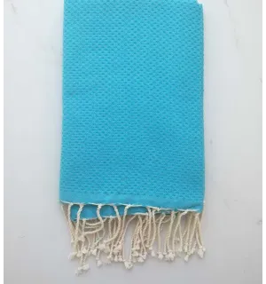 FOUTA nid d'abeille unie bleu bleuet 