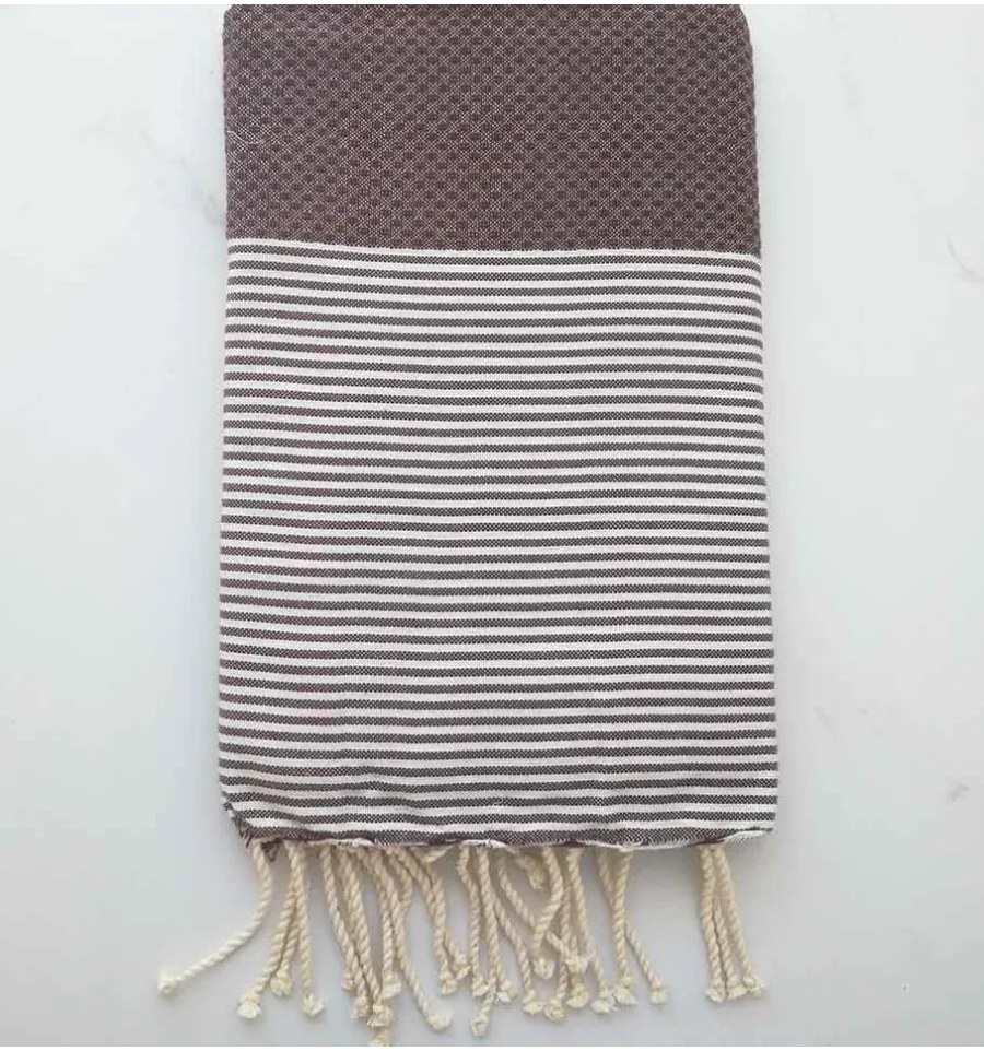 FOUTA nido de abeja marrón rojizo a rayas blancas 