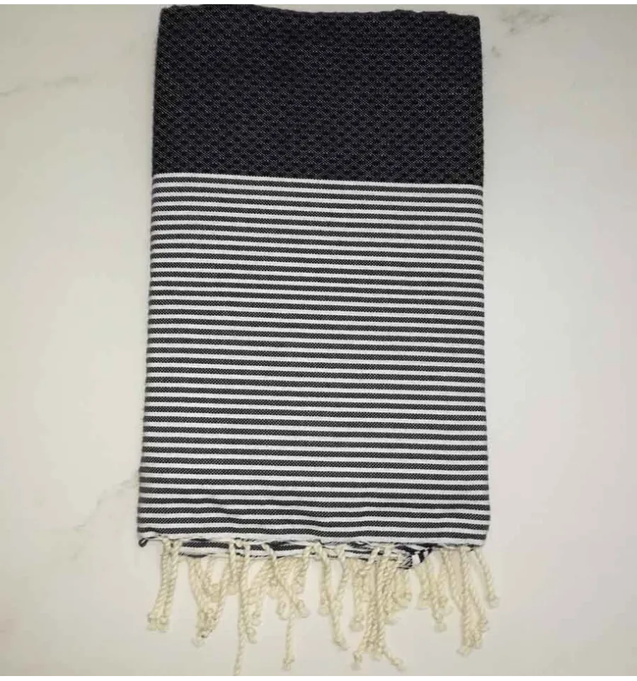 FOUTA nido de abeja azul oscuro a rayas blancas 