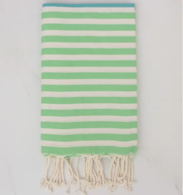 Fouta bleu bondi, vert prairie et blanc crème 