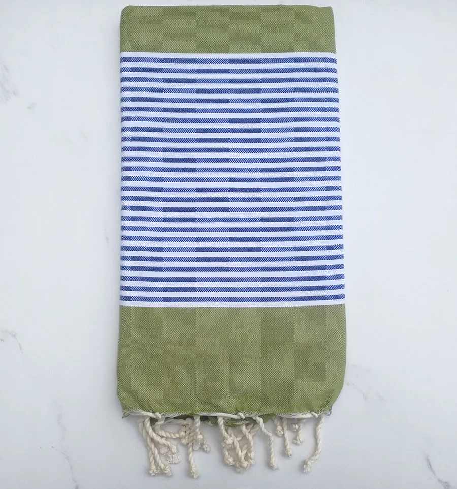 Fouta plate vert olive rayée bleu et blanc 