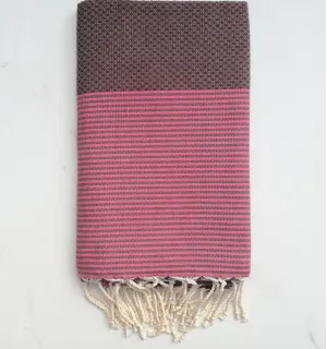 Fouta nid d'abeille marron rayée rose 