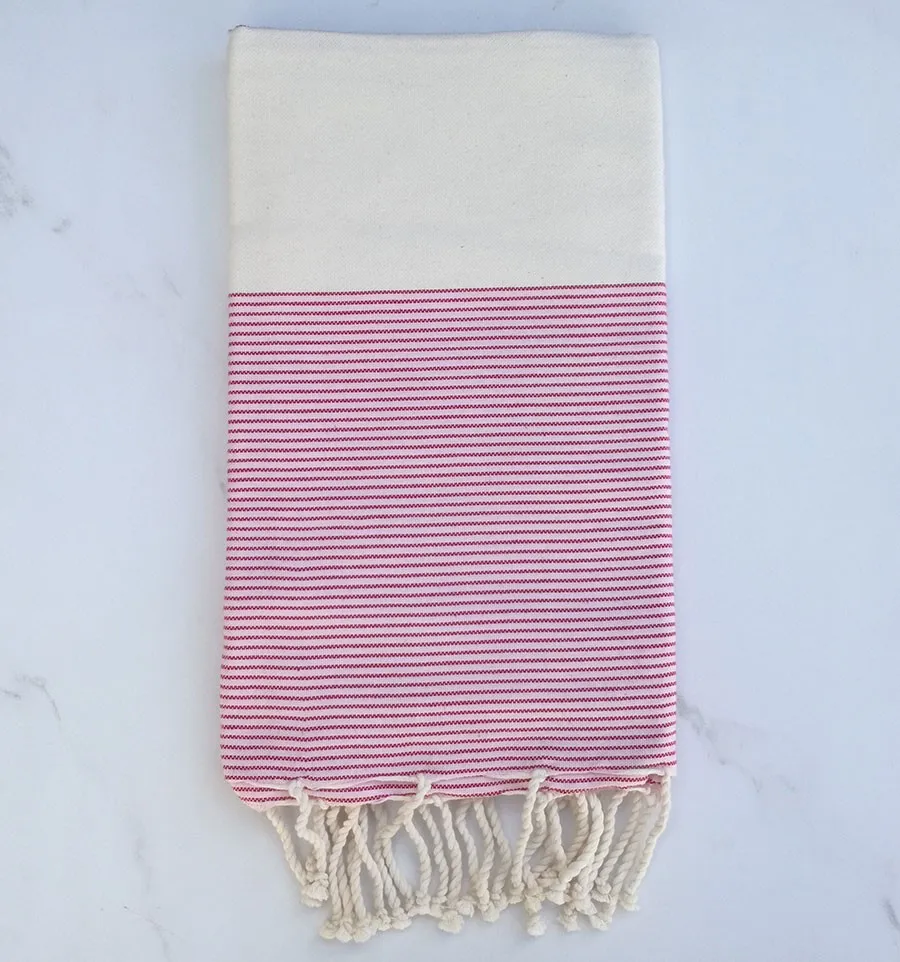 Fouta plate blanc crème et rose bébé avec rayures 