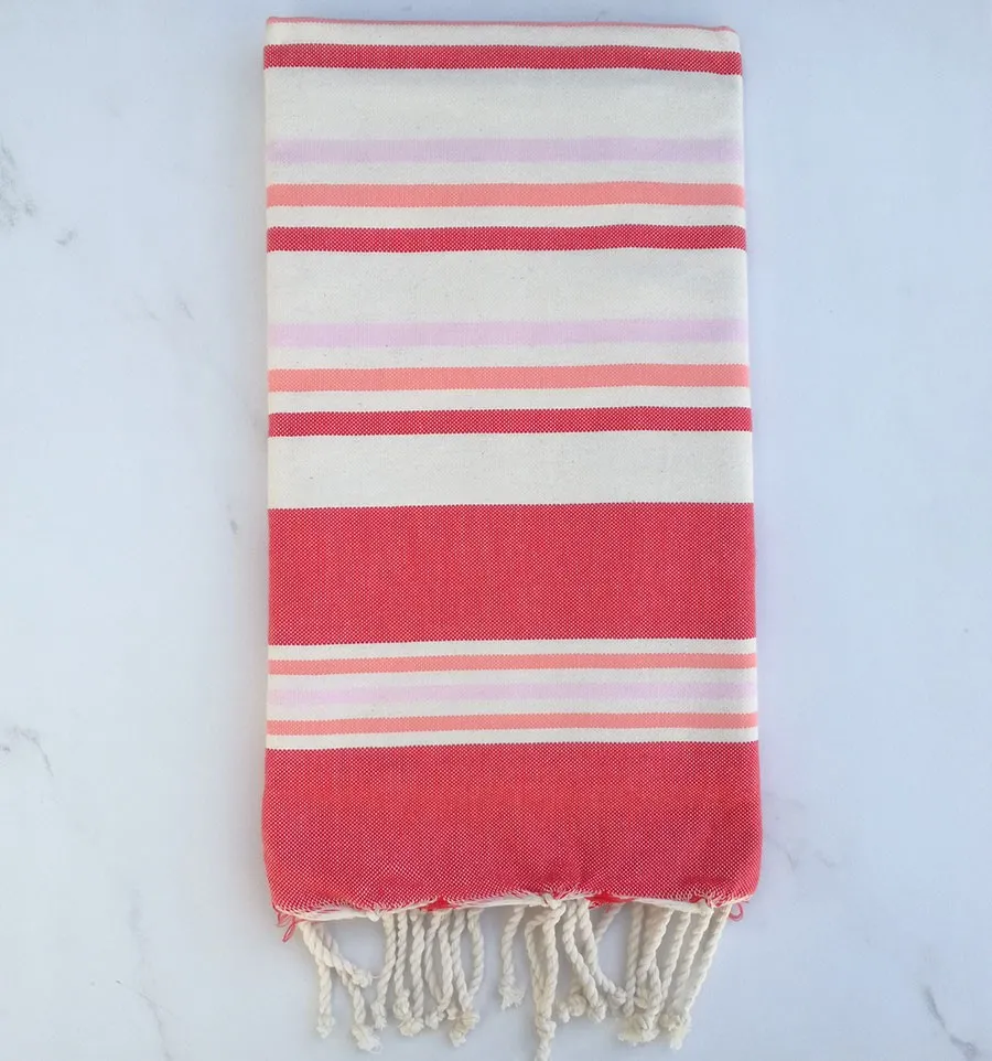 Fouta plate blanc crème, rouge, saumon et rose 