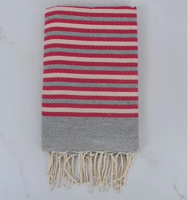 Fouta nid d'abeille rayée 1 cm gris, rose très clair et rose 