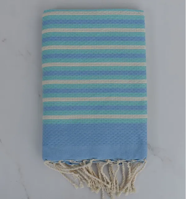 Fouta nid d'abeille rayée 1 cm bleu, blanc crème et turquoise 