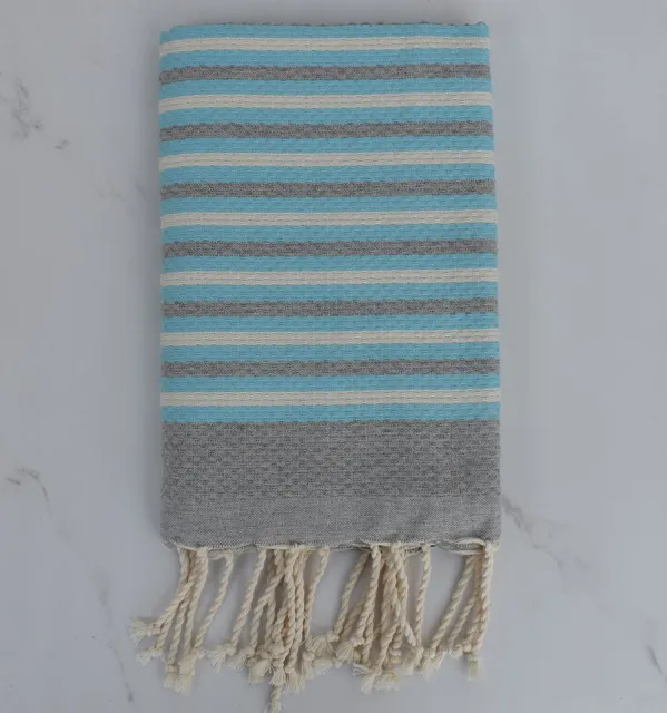 Fouta nid d'abeille rayée 1 cm gri, bleu azur et blan crème 