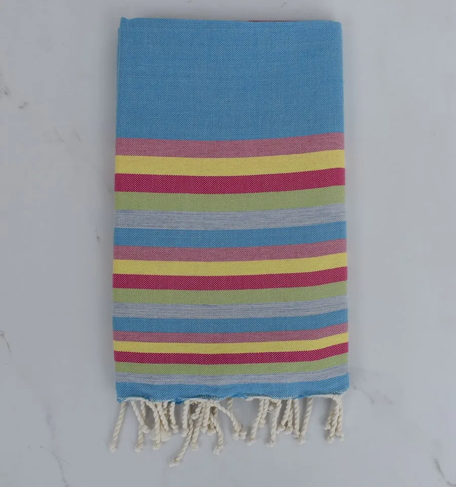 Fouta plate bleu, rose, jaune et vert 