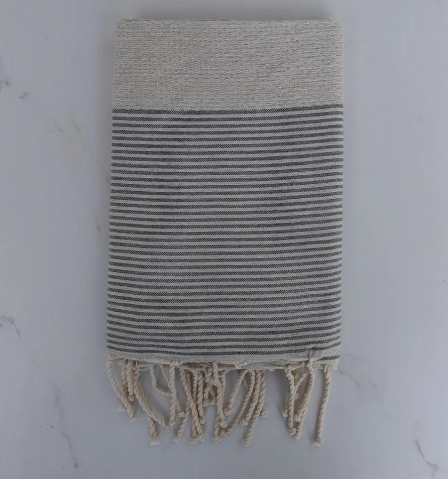 Fouta nid d'abeille beige clair rayée gris 