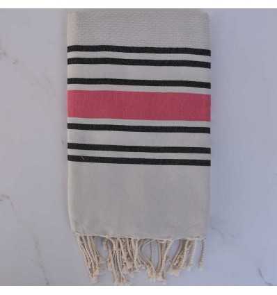 Fouta nid d'abeille gris perle rayée noir et rose 