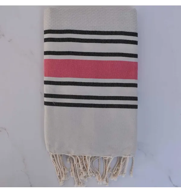 Fouta nid d'abeille gris perle rayée noir et rose 