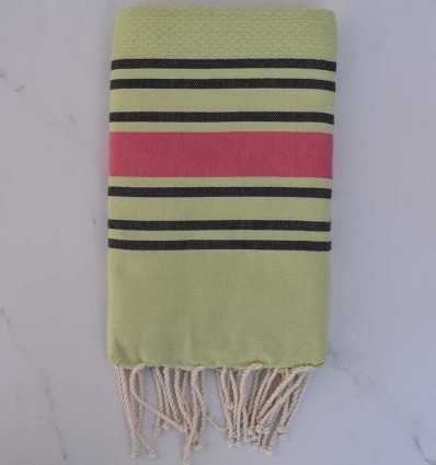 Fouta nid d'abeille vert pistache rayée rose et noir 