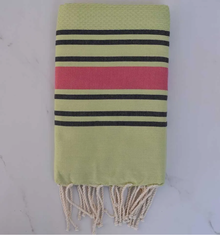 Fouta nid d'abeille vert pistache rayée rose et noir 