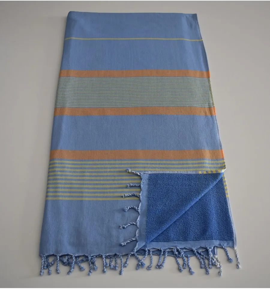 Fouta éponge bleu, chartreuse et baillet 