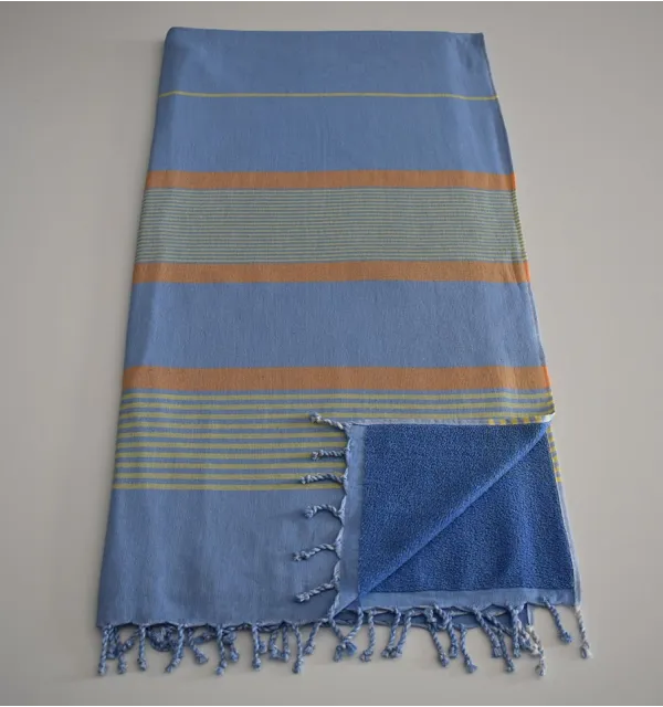 Fouta éponge bleu, chartreuse et baillet 