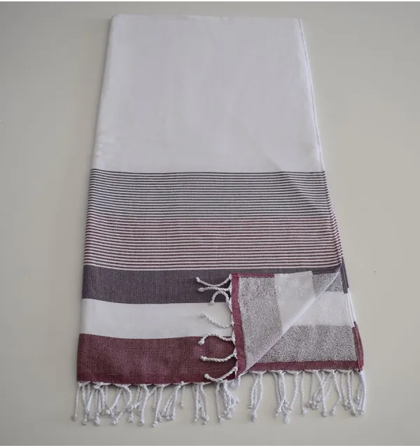 Fouta éponge blanc, mauve et amarante 