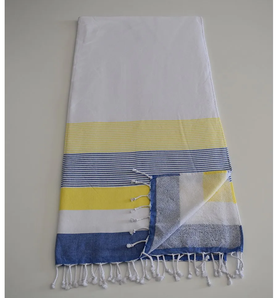 Fouta éponge blanc, jaune et bleu 