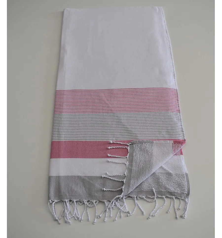 Fouta éponge blanc, rose et gris 