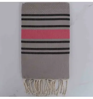 Fouta nid nid d'abeille taupe rayée noir et rose 