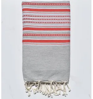 Fouta arabesque gris clair avec rayures rouge 