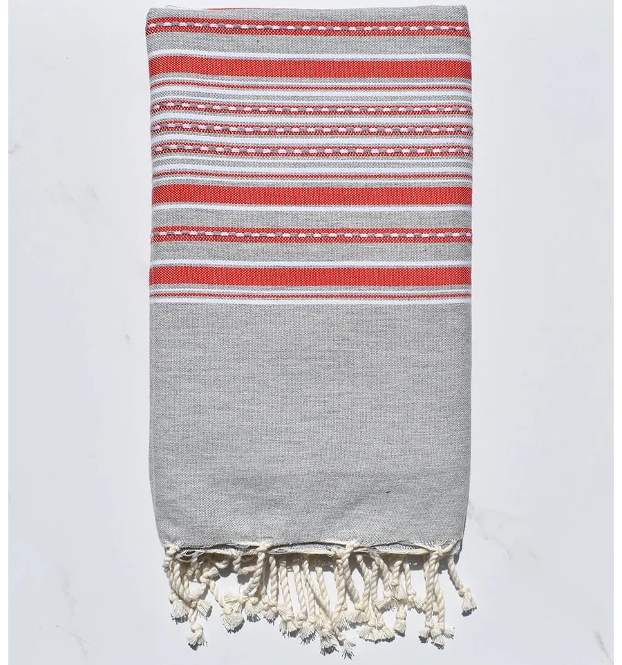 Fouta arabesque gris clair avec rayures rouge 