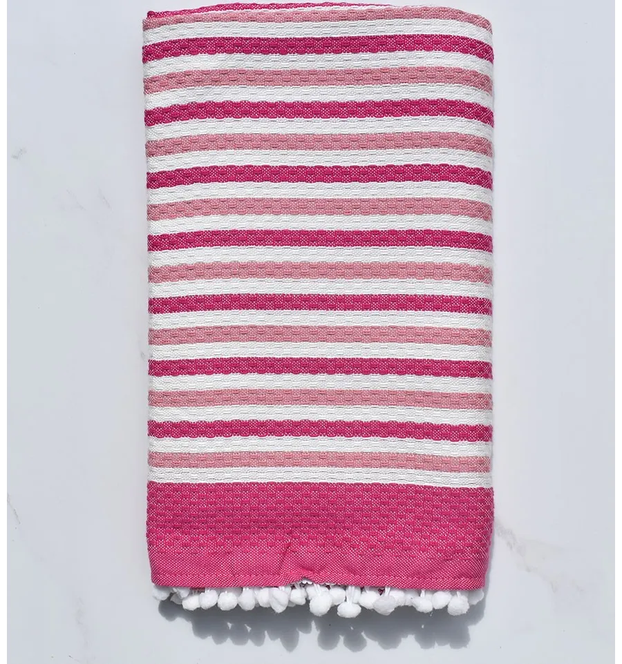 Fouta blanc cassé et rose avec pompons 