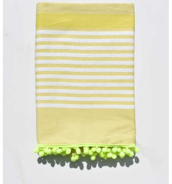 Fouta blanc sale, chartreuse avec pompons 