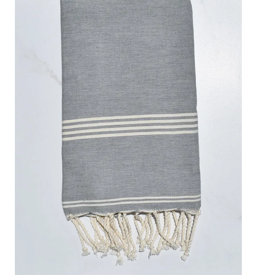 Fouta plate gris avec rayures blanc crème 