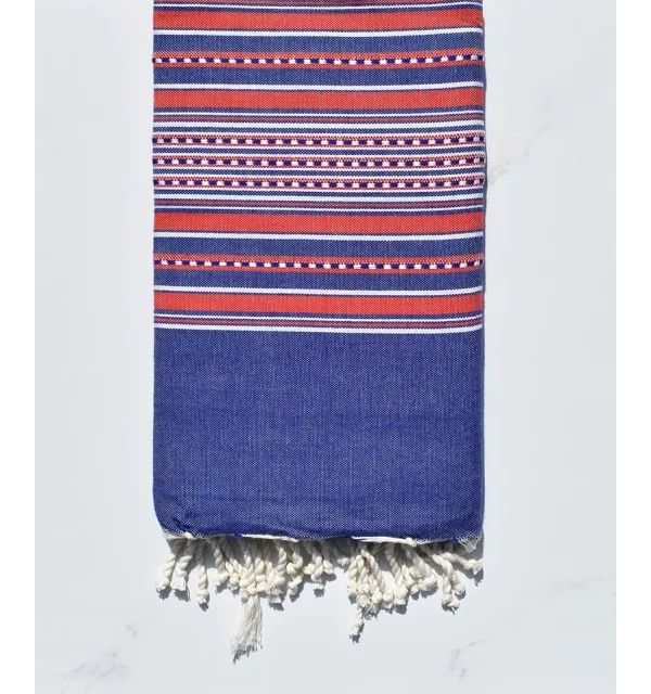 Fouta arabesque bleu jean et rouge 