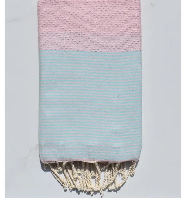 Fouta nid d'abeille rose clair rayée turquoise 