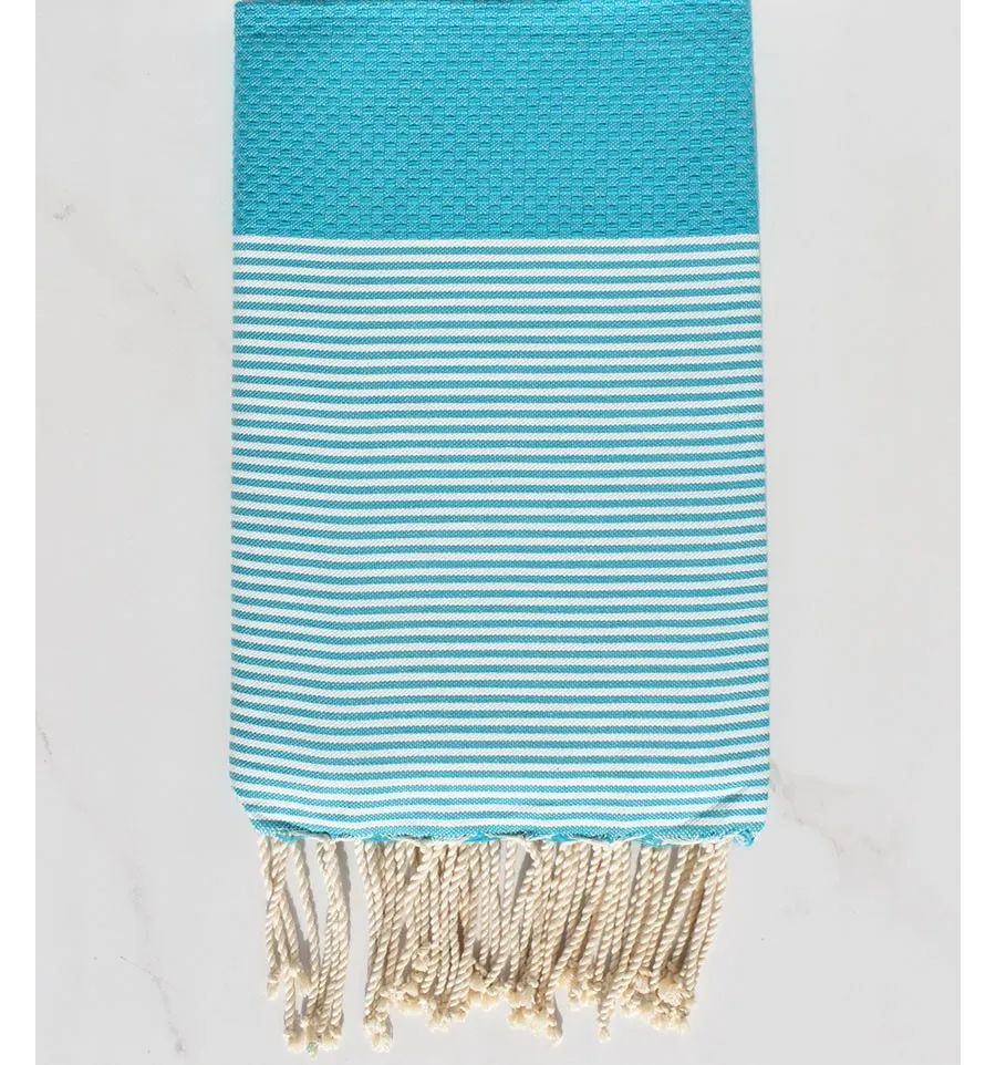 FOUTA nido de abeja azul turquesa a rayas  blancas 