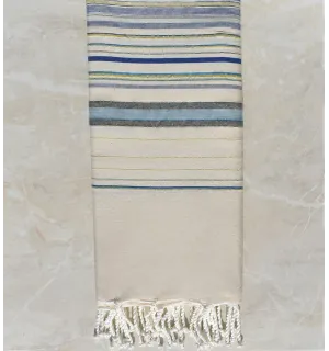 Toalla de playa gigante crema blanca fadhila y azul con lurex 2m*3m Fouta Tunisia - 1 2